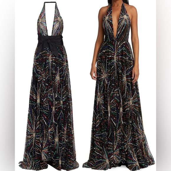 Naeem Khan Halter Embellished Firework Gown Multicolor Maxi Dress